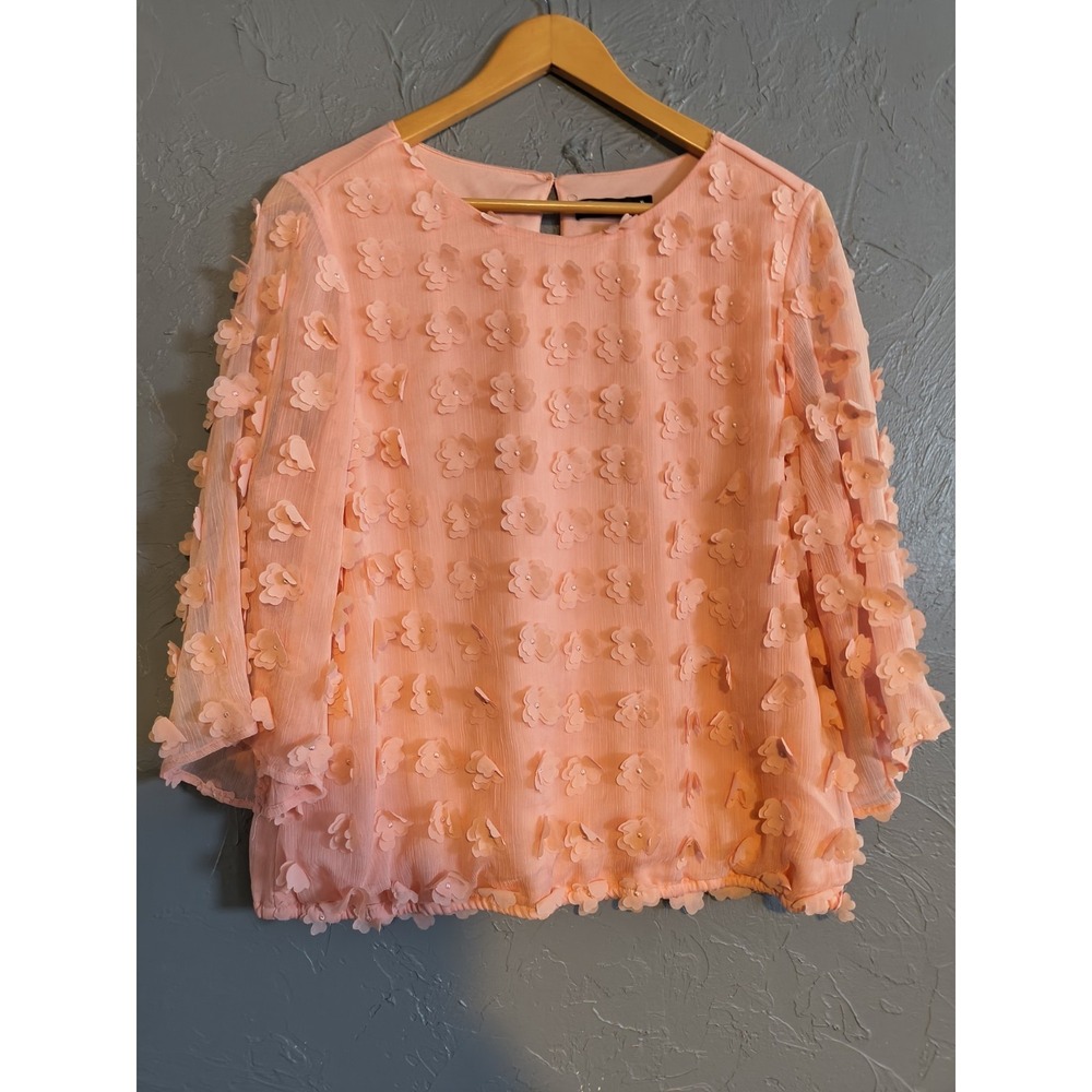 NY&Company 7th Avenue Women's Pink Flower 3/4 Sheer Sleeve Blouse Shirt Size XL